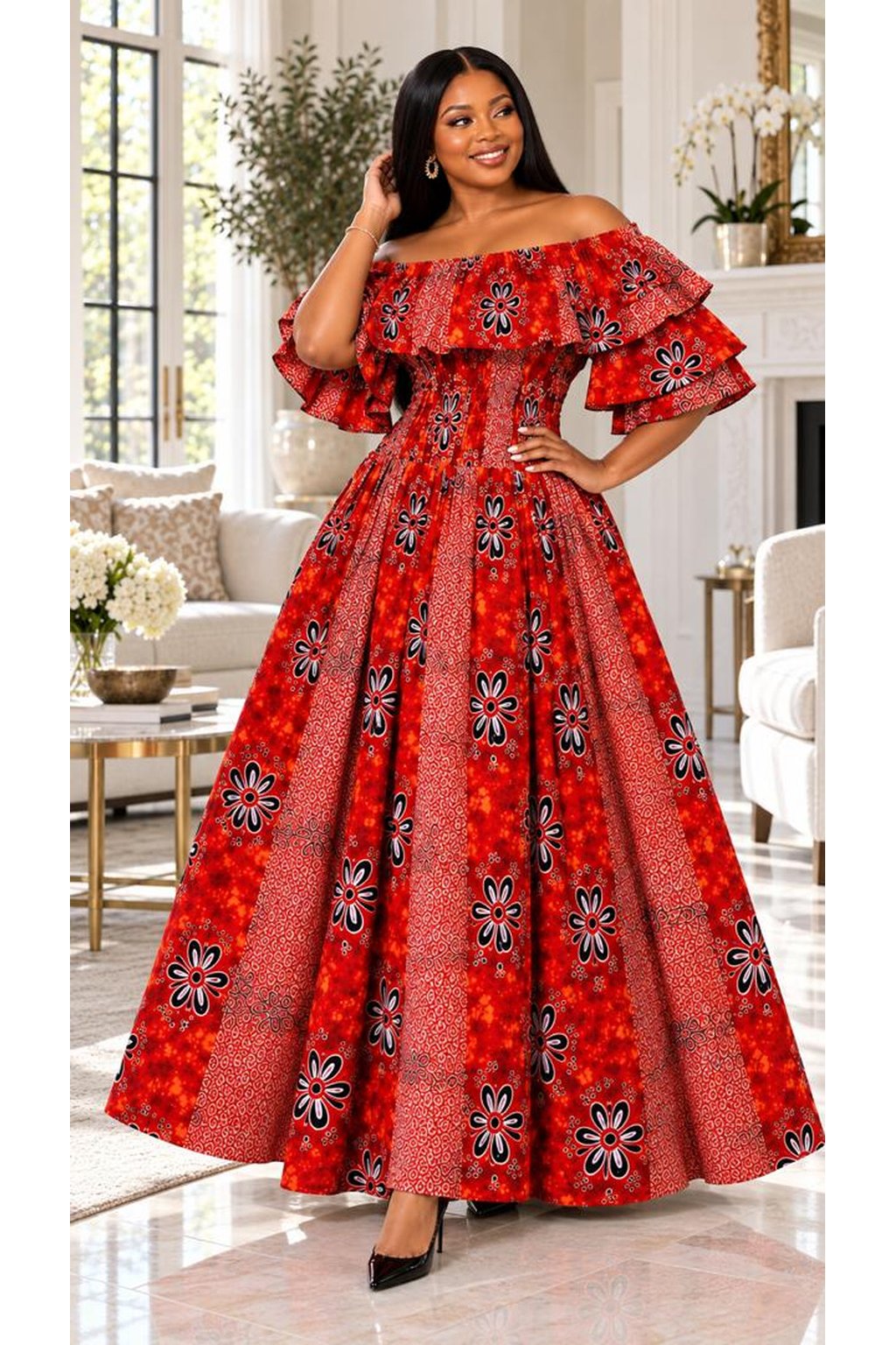 A Woman Wearing A Crimson Floral Smocked Off-The-Shoulder Maxi Ball Gown, With Slit And Without Slit.