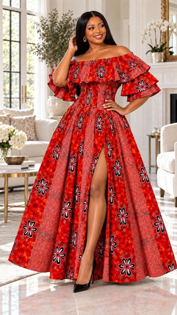Crimson Floral Smocked Off-The-Shoulder Maxi Ball Gown, (With / Without Slit Options) 2 A Woman Wearing A Crimson Floral Smocked Off-The-Shoulder Maxi Ball Gown, With Slit And Without Slit.