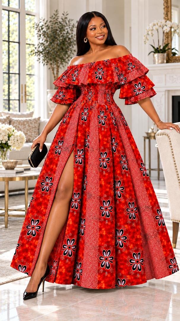 Crimson Floral Smocked Off-The-Shoulder Maxi Ball Gown, (With / Without Slit Options) 4 A Woman Wearing A Crimson Floral Smocked Off-The-Shoulder Maxi Ball Gown, With Slit And Without Slit.