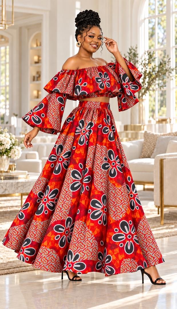 Crimson Blossom Off-Shoulder Ruffle Ankara Two-Piece Maxi Set (With / Without Slit Options). 4 A Woman Wearing A Crimson Blossom Off-Shoulder Ruffle Ankara Two-Piece Maxi Set (With / Without Slit Options).