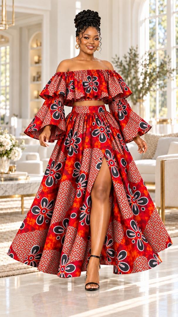 Crimson Blossom Off-Shoulder Ruffle Ankara Two-Piece Maxi Set (With / Without Slit Options). 3 A Woman Wearing A Crimson Blossom Off-Shoulder Ruffle Ankara Two-Piece Maxi Set (With / Without Slit Options).