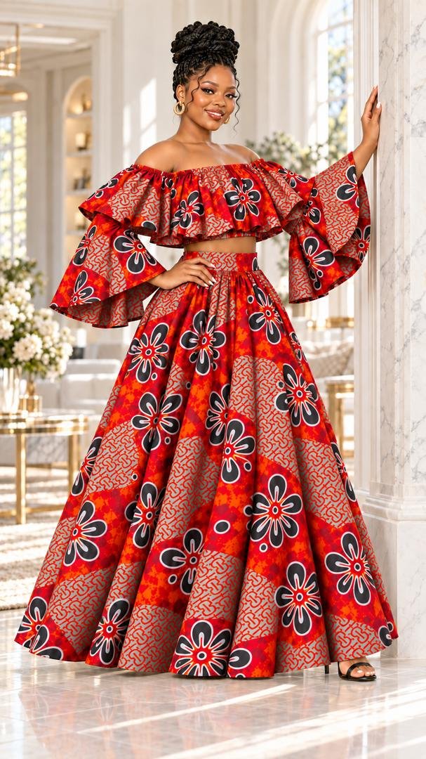 Crimson Blossom Off-Shoulder Ruffle Ankara Two-Piece Maxi Set (With / Without Slit Options). 2 A Woman Wearing A Crimson Blossom Off-Shoulder Ruffle Ankara Two-Piece Maxi Set (With / Without Slit Options).