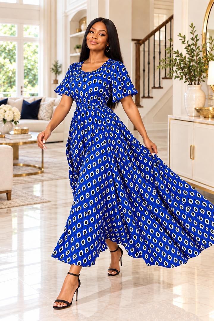 Royal Blue Geometric Smocked Flare Sleeve Ankara Maxi Gown. 3 A Woman Wearing A Royal Blue Geometric Smocked Flare Sleeve Ankara Maxi Gown.