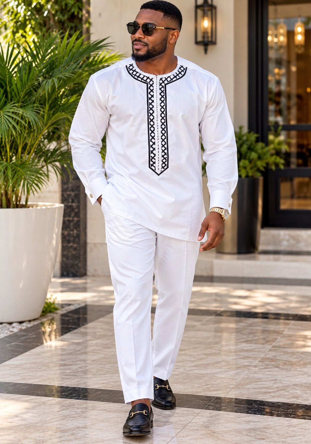 Royal White Alabaster 4-Piece Embroidered Agbada And Long-Sleeve Senator Suit Set With Fila Hat. 3 A Man Wearing A Royal Alabaster 4-Piece Embroidered Agbada And Long-Sleeve Senator Suit Set With Hat.