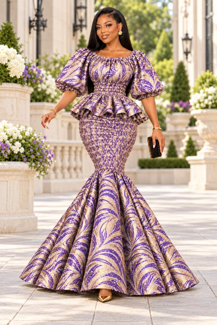 Imperial Elastic Purple & Gold Metallic Jacquard Smocked Peplum Mermaid Gown, 3 A Woman Wearing An Imperial Elastic Purple & Gold Metallic Jacquard Smocked Peplum Mermaid Gown.