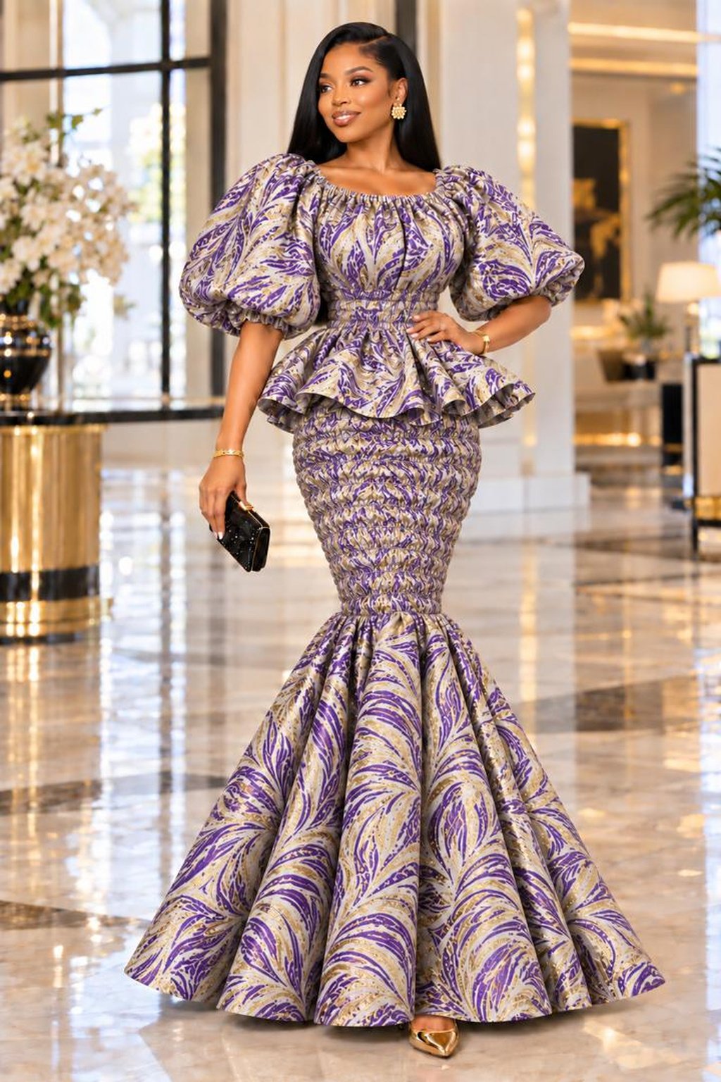 A Woman Wearing An Imperial Elastic Purple & Gold Metallic Jacquard Smocked Peplum Mermaid Gown.