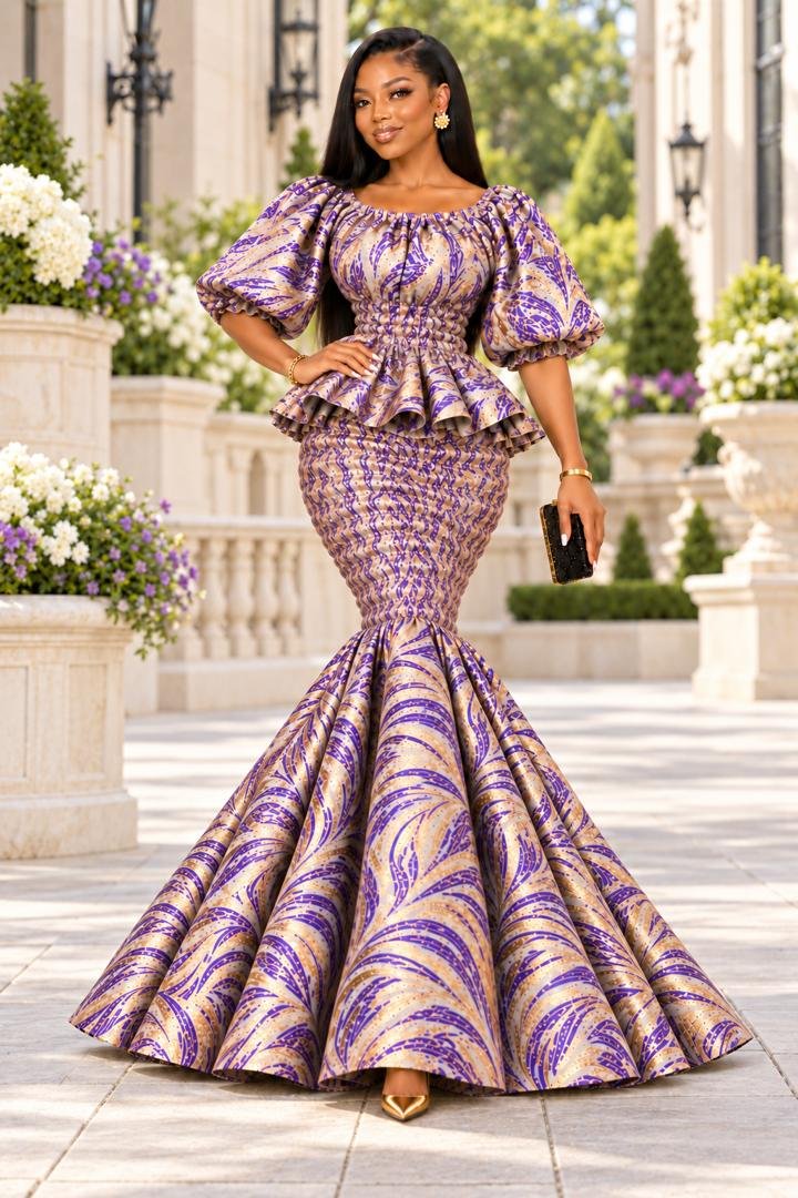 Imperial Elastic Purple & Gold Metallic Jacquard Smocked Peplum Mermaid Gown, 4 A Woman Wearing An Imperial Elastic Purple & Gold Metallic Jacquard Smocked Peplum Mermaid Gown.