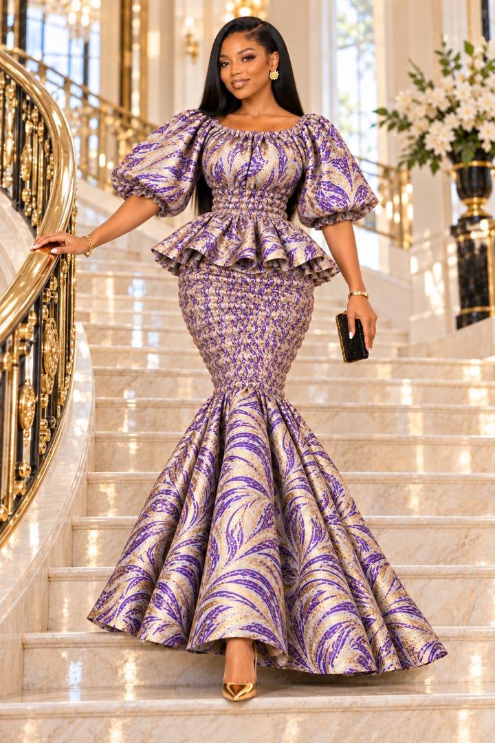 Imperial Elastic Purple & Gold Metallic Jacquard Smocked Peplum Mermaid Gown, 2 A Woman Wearing An Imperial Elastic Purple & Gold Metallic Jacquard Smocked Peplum Mermaid Gown.