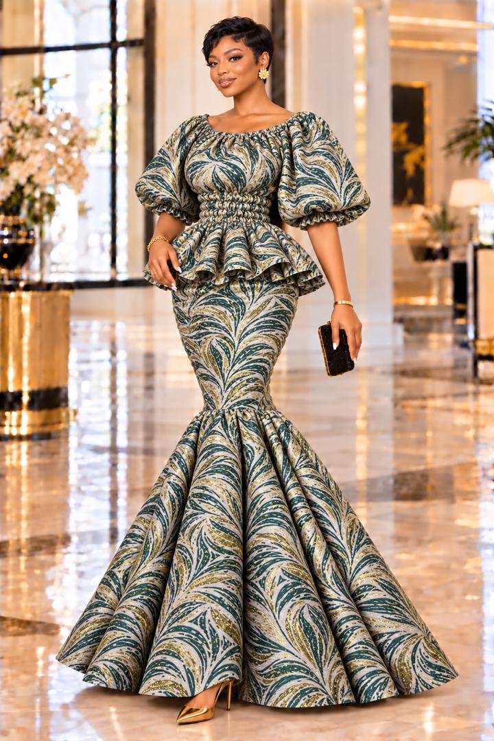 Emerald Elastic Green & Gold Metallic Jacquard Smocked Peplum Mermaid Gown. 3 A Woman Wearing An Emerald Elastic Green & Gold Metallic Jacquard Smocked Peplum Mermaid Gown.