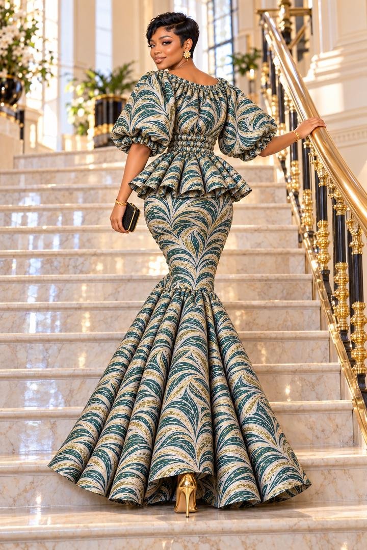 Emerald Elastic Green & Gold Metallic Jacquard Smocked Peplum Mermaid Gown. 4 A Woman Wearing An Emerald Elastic Green & Gold Metallic Jacquard Smocked Peplum Mermaid Gown.
