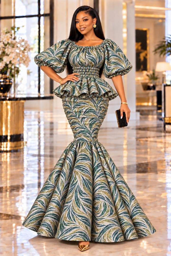 Emerald Elastic Green & Gold Metallic Jacquard Smocked Peplum Mermaid Gown. 2 A Woman Wearing An Emerald Elastic Green & Gold Metallic Jacquard Smocked Peplum Mermaid Gown.