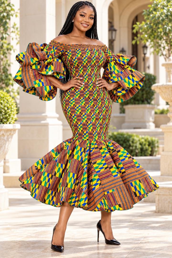 Heritage Kente Print Mermaid Midi Dress. 2 A Woman Wearing A Heritage Kente Print Mermaid Midi Dress.