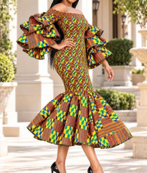 A Woman Wearing A Heritage Kente Print Mermaid Midi Dress.