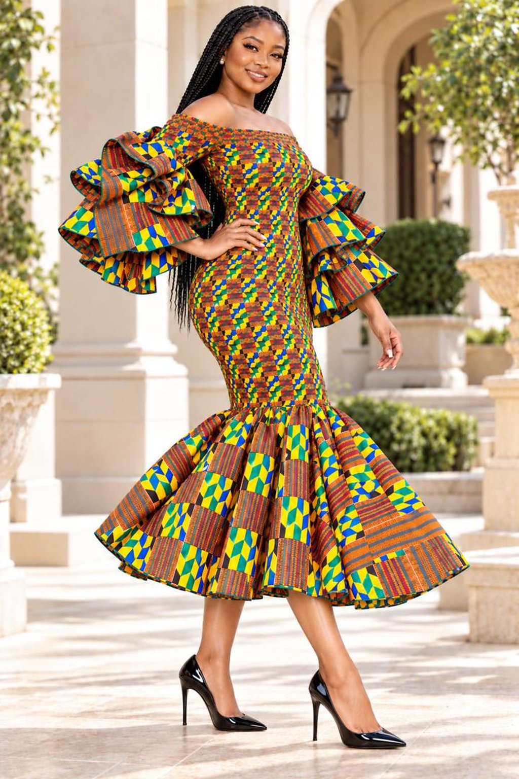 A Woman Wearing A Heritage Kente Print Mermaid Midi Dress.