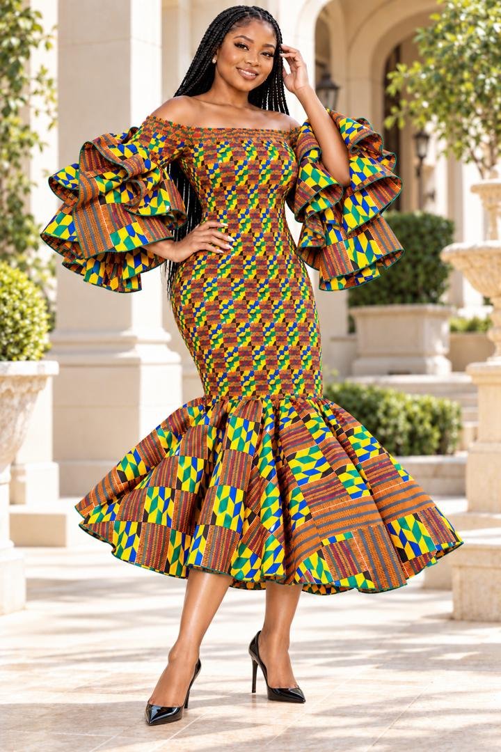Heritage Kente Print Mermaid Midi Dress. 3 A Woman Wearing A Heritage Kente Print Mermaid Midi Dress.