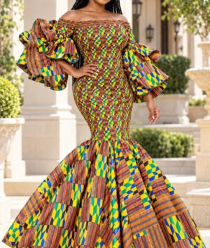 A Woman Wearing A Heritage Kente Print Smocked Off-The-Shoulder Mermaid Maxi Gown.