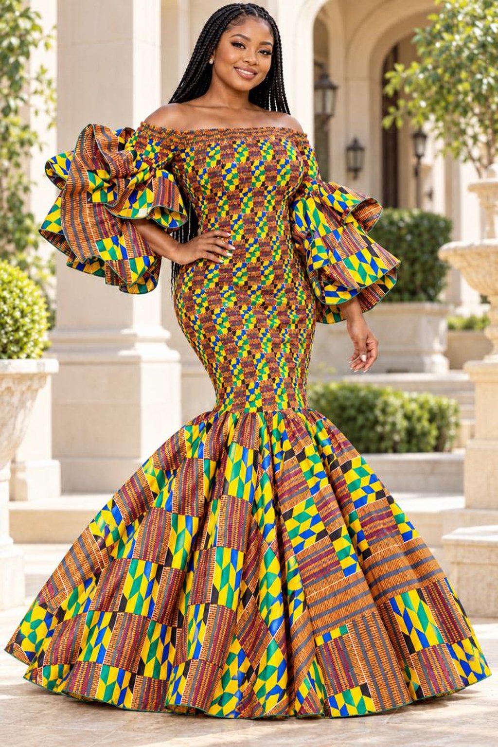 A Woman Wearing A Heritage Kente Print Smocked Off-The-Shoulder Mermaid Maxi Gown.