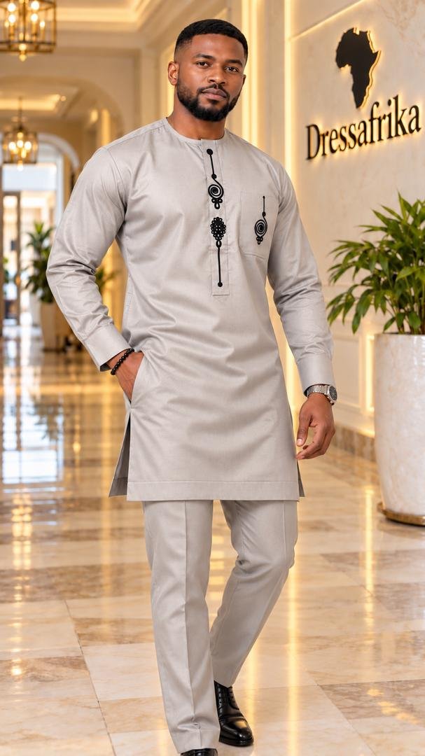 Silver Grey & Onyx Abstract Embroidered Long-Sleeve Senator Tunic And Pants Set. 2 Silver Grey & Onyx Abstract Embroidered Long-Sleeve Senator Tunic And Pants Set. - Image 2