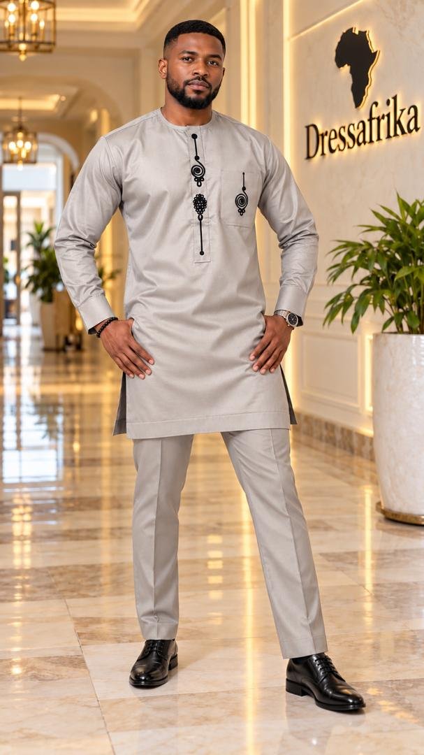 Silver Grey & Onyx Abstract Embroidered Long-Sleeve Senator Tunic And Pants Set. 4 Silver Grey & Onyx Abstract Embroidered Long-Sleeve Senator Tunic And Pants Set. - Image 4