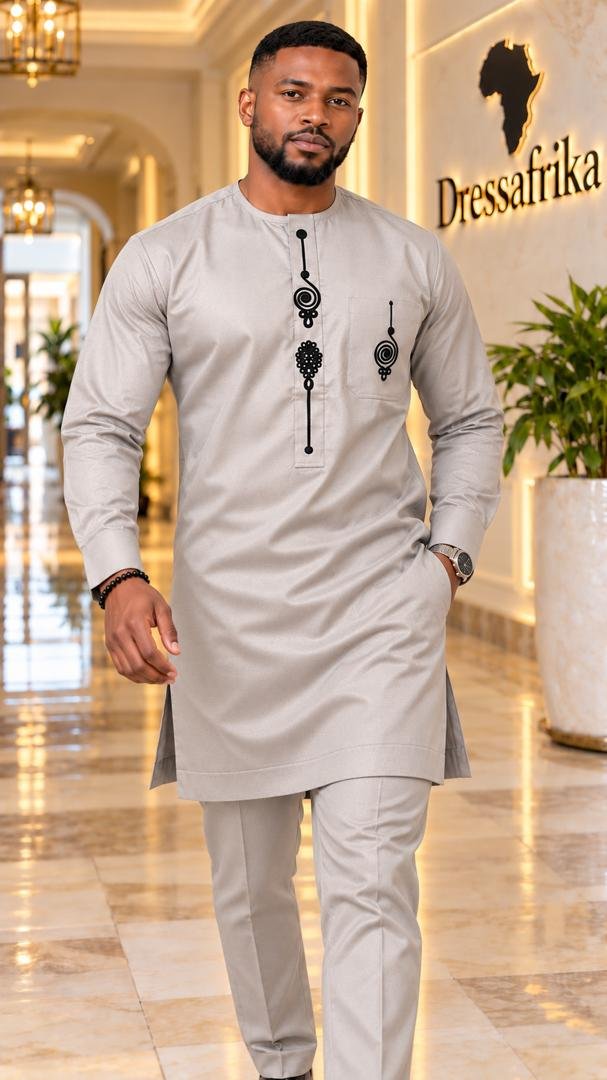 Silver Grey & Onyx Abstract Embroidered Long-Sleeve Senator Tunic And Pants Set. 5 Silver Grey & Onyx Abstract Embroidered Long-Sleeve Senator Tunic And Pants Set. - Image 5
