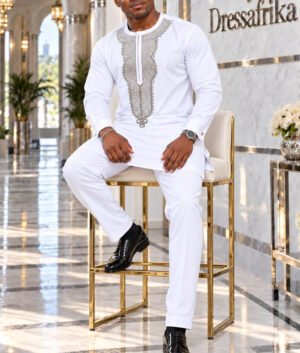 A Man Wearing A Royal Alabaster Embroidered Long-Sleeve Senator Tunic & Pants Set.