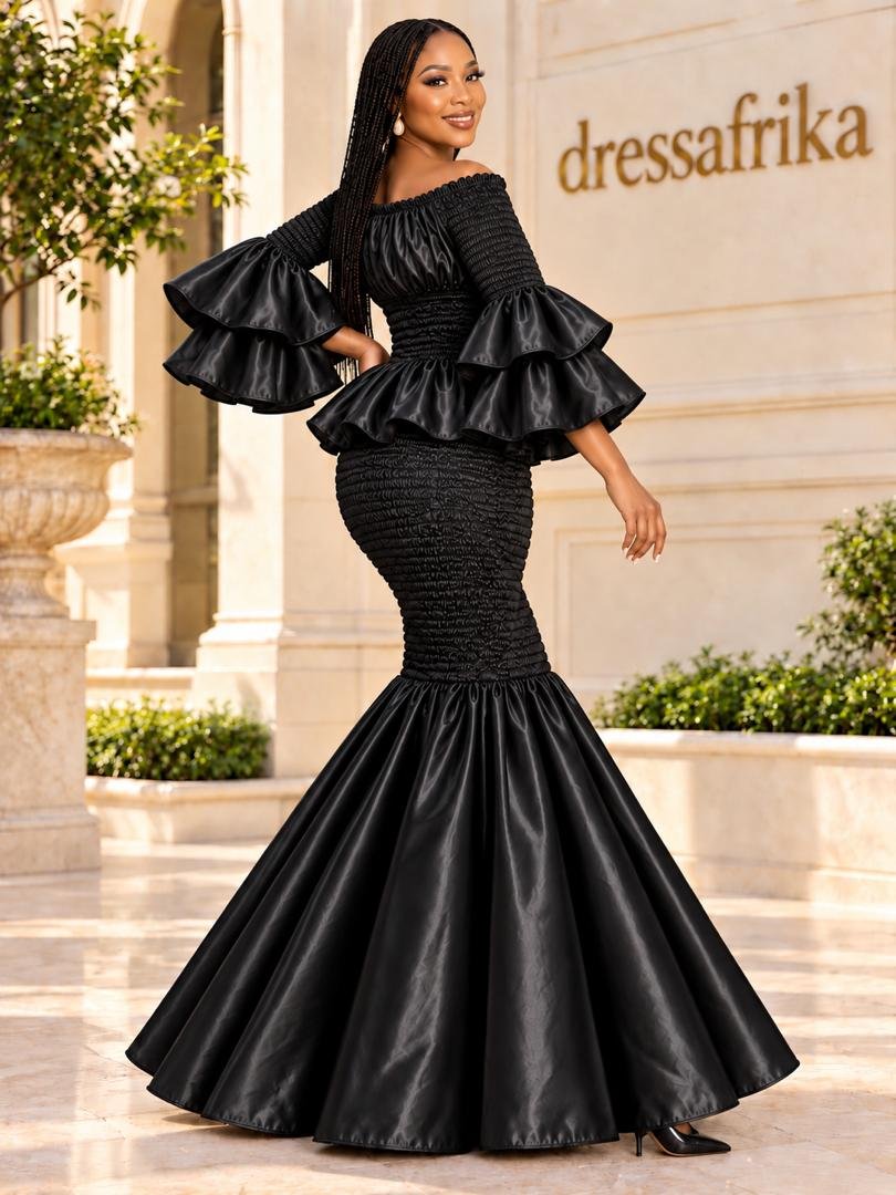 Luminous Onyx Black Smocked Peplum Ruffle Mermaid Gown. 5 A Woman Wearing A Luminous Onyx Black Smocked Peplum Ruffle Mermaid Gown.