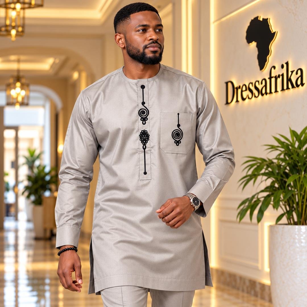 Silver Grey & Onyx Abstract Embroidered Long-Sleeve Senator Tunic And Pants Set. 3 Silver Grey & Onyx Abstract Embroidered Long-Sleeve Senator Tunic And Pants Set. - Image 3