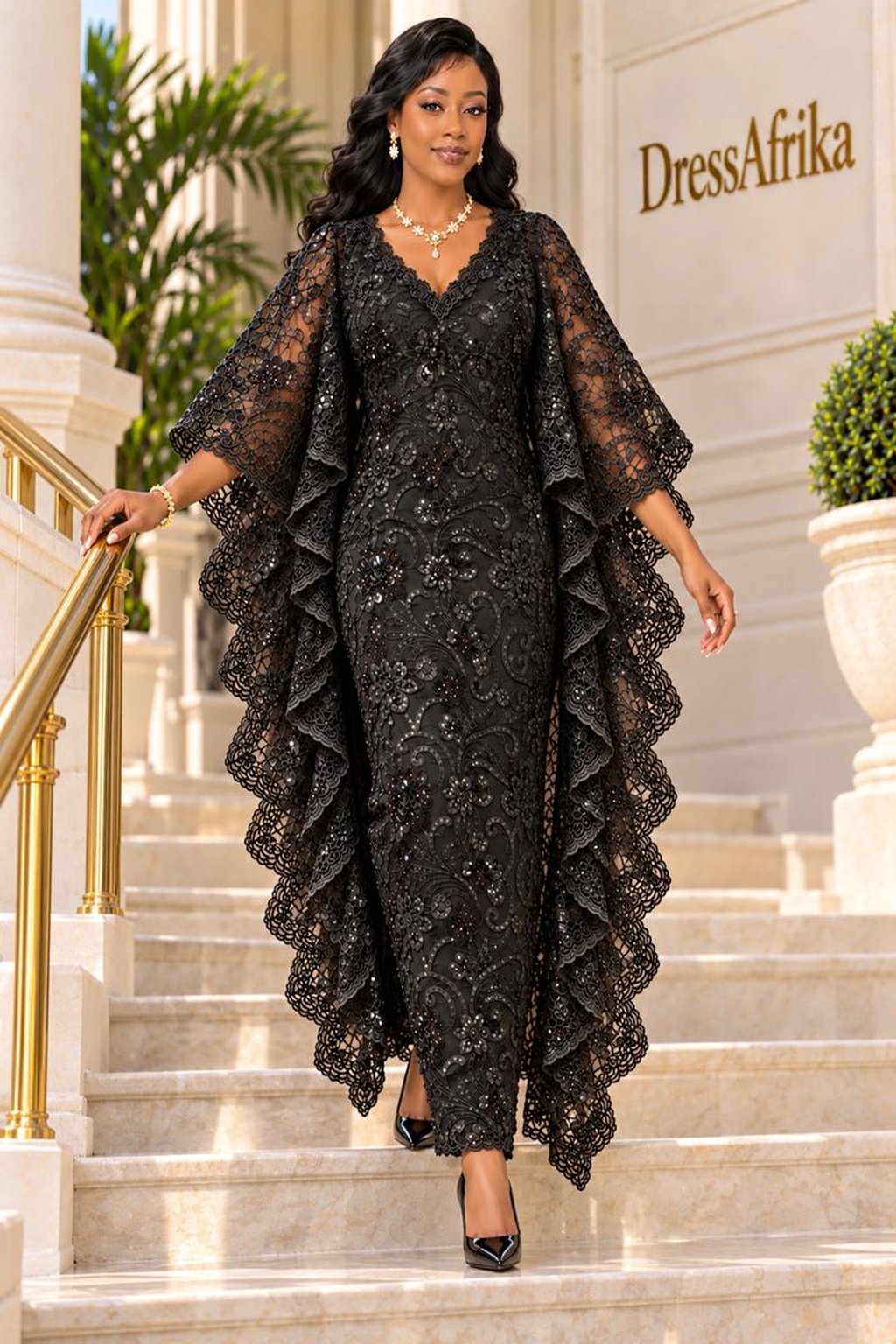 A Woman Wearing A Black 3D French Lace Boubou Kaftan With A Bridal Satin Inner Gown.