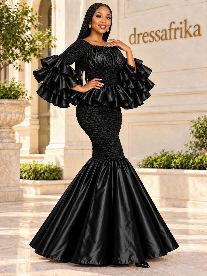 Luminous Onyx Black Smocked Peplum Ruffle Mermaid Gown. 4 A Woman Wearing A Luminous Onyx Black Smocked Peplum Ruffle Mermaid Gown.