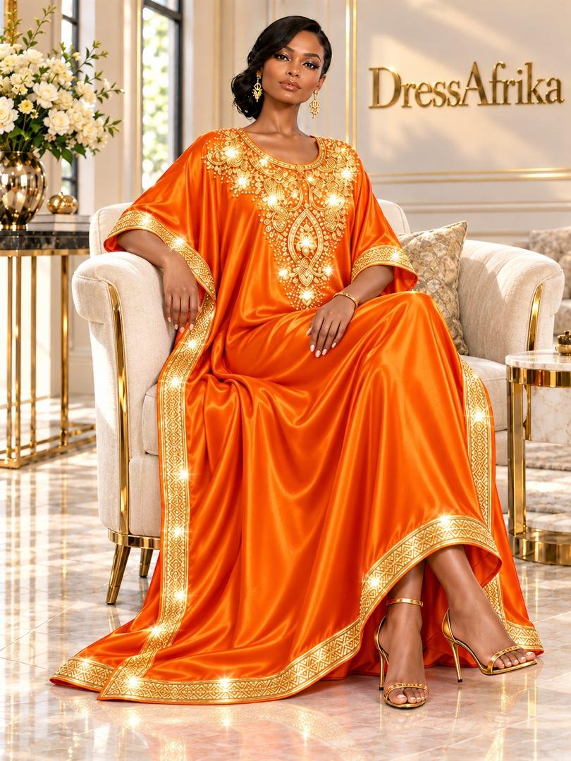 Empress Tangerine Silk Boubou Kaftan & Gold Crystal Medallion Gown. 2 A Woman Wearing An Empress Tangerine Silk Boubou Kaftan & Gold Crystal Medallion Gown.