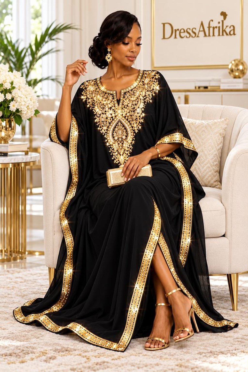 A Woman Wearing A Flory Midnight Onyx Black Silk Boubou Kaftan & Gold Crystal Medallion Gown With Full Length 58 Inches.