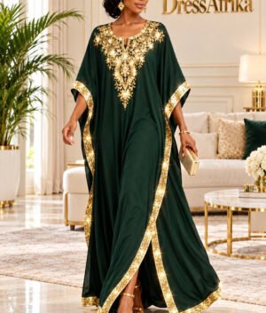 A Woman Wearing An Emerald Green Silk Boubou Kaftan & Gold Crystal Medallion Gown With Full Length 58 Inches.
