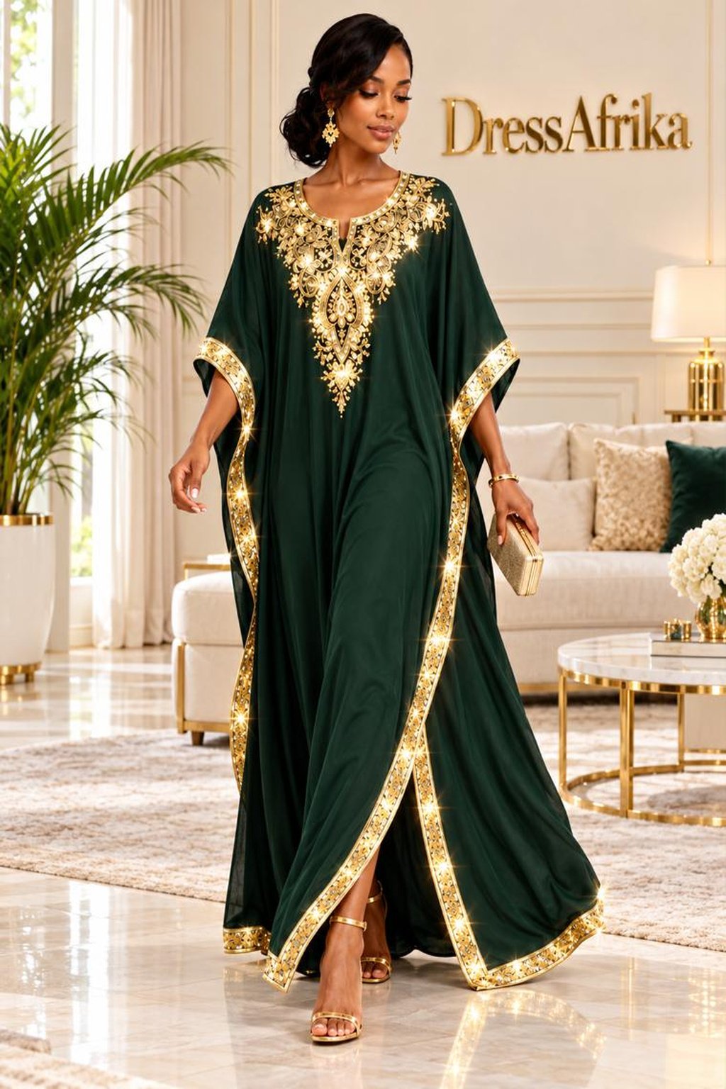 A Woman Wearing An Emerald Green Silk Boubou Kaftan & Gold Crystal Medallion Gown With Full Length 58 Inches.