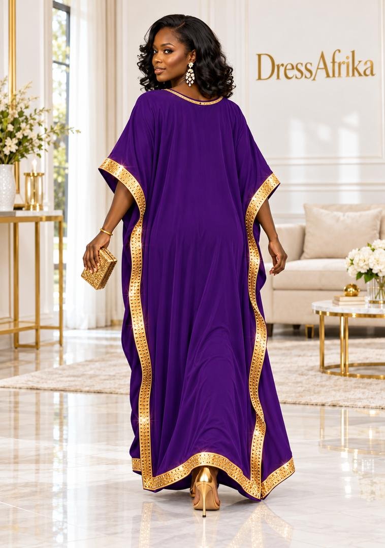 Royal Purple Silk Boubou Kaftan & Gold Crystal Medallion Gown With Full Length 58 Inches. 4 A Woman Wearing A Royal Purple Silk Boubou Kaftan & Gold Crystal Medallion Gown With Full Length 58 Inches.