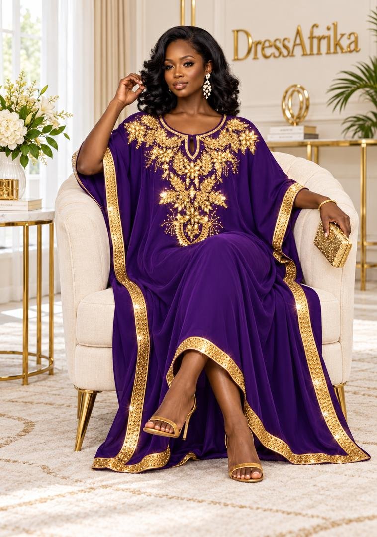 Royal Purple Silk Boubou Kaftan & Gold Crystal Medallion Gown With Full Length 58 Inches. 2 A Woman Wearing A Royal Purple Silk Boubou Kaftan & Gold Crystal Medallion Gown With Full Length 58 Inches.