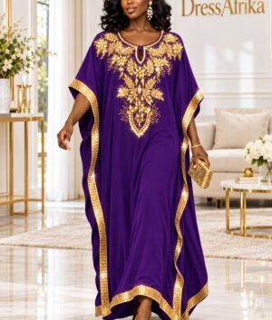A Woman Wearing A Royal Purple Silk Boubou Kaftan & Gold Crystal Medallion Gown With Full Length 58 Inches.