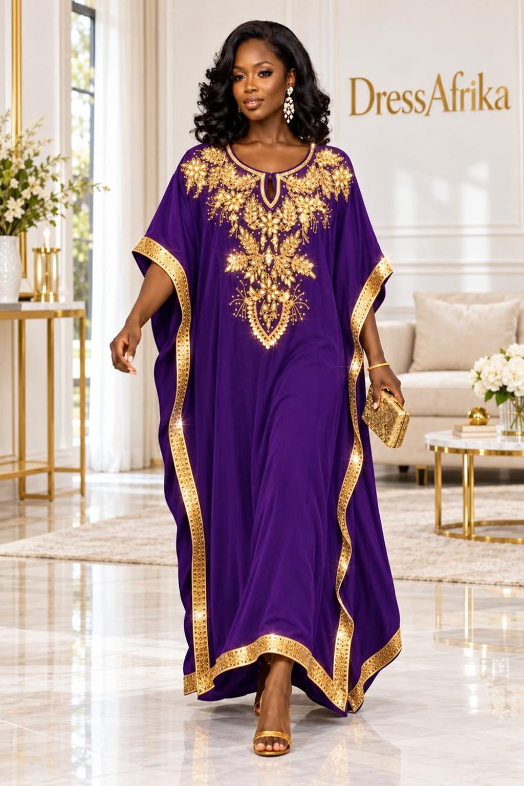 A Woman Wearing A Royal Purple Silk Boubou Kaftan & Gold Crystal Medallion Gown With Full Length 58 Inches.