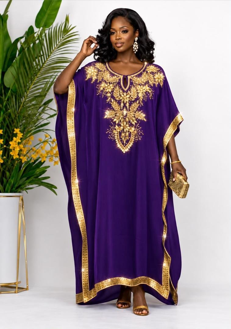 Royal Purple Silk Boubou Kaftan & Gold Crystal Medallion Gown With Full Length 58 Inches. 3 A Woman Wearing A Royal Purple Silk Boubou Kaftan & Gold Crystal Medallion Gown With Full Length 58 Inches.