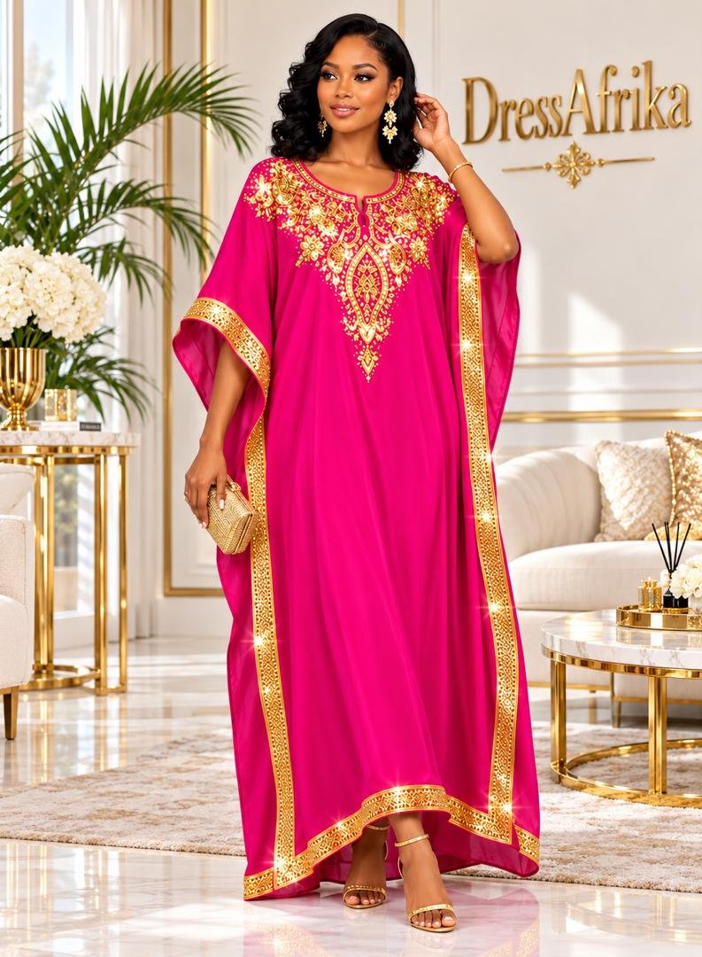Empress Magenta Silk Boubou Kaftan & Gold Crystal Medallion Gown With Full Length 58 Inches. 2 A Woman Wearing An Empress Magenta Silk Boubou Kaftan & Gold Crystal Medallion Gown With Full Length 58 Inches.