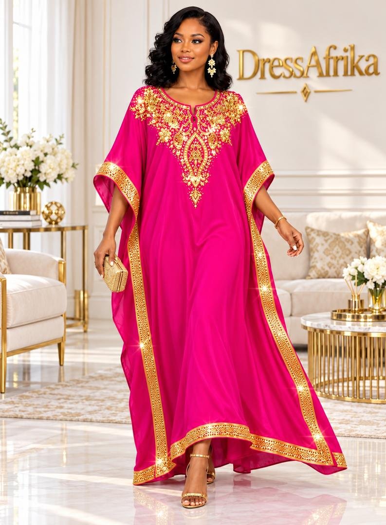 Empress Magenta Silk Boubou Kaftan & Gold Crystal Medallion Gown With Full Length 58 Inches. 4 Empress Magenta Silk Boubou Kaftan & Gold Crystal Medallion Gown With Full Length 58 Inches.