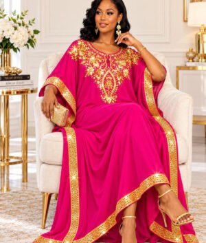 Empress Magenta Silk Boubou Kaftan & Gold Crystal Medallion Gown With Full Length 58 Inches.