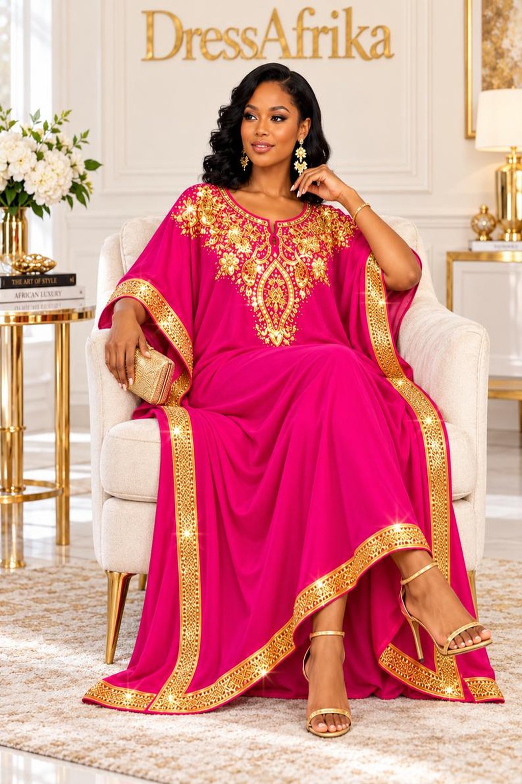 Empress Magenta Silk Boubou Kaftan & Gold Crystal Medallion Gown With Full Length 58 Inches.