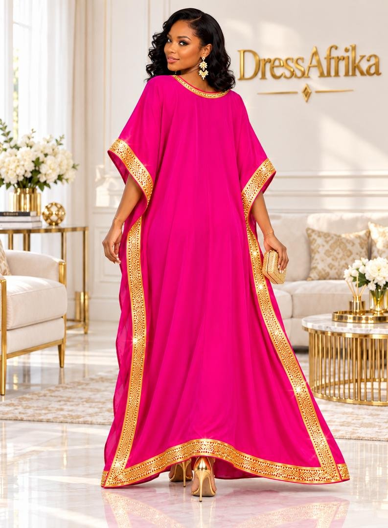 Empress Magenta Silk Boubou Kaftan & Gold Crystal Medallion Gown With Full Length 58 Inches. 3 Empress Magenta Silk Boubou Kaftan & Gold Crystal Medallion Gown With Full Length 58 Inches.