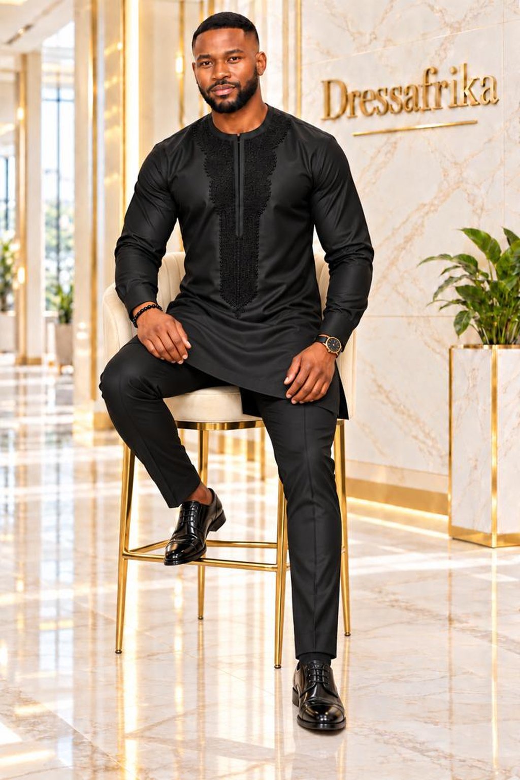 A Man Wearing A Jet Black Embroidered Long-Sleeve Senator Tunic & Pants Set.