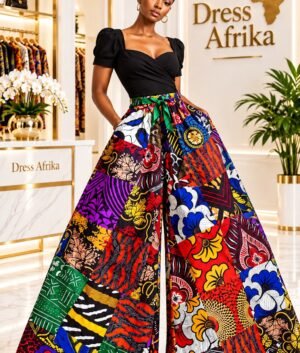 A Woman Wearing A Signature Ankara Multi-Pattern Patchwork Wide-Leg Trousers.