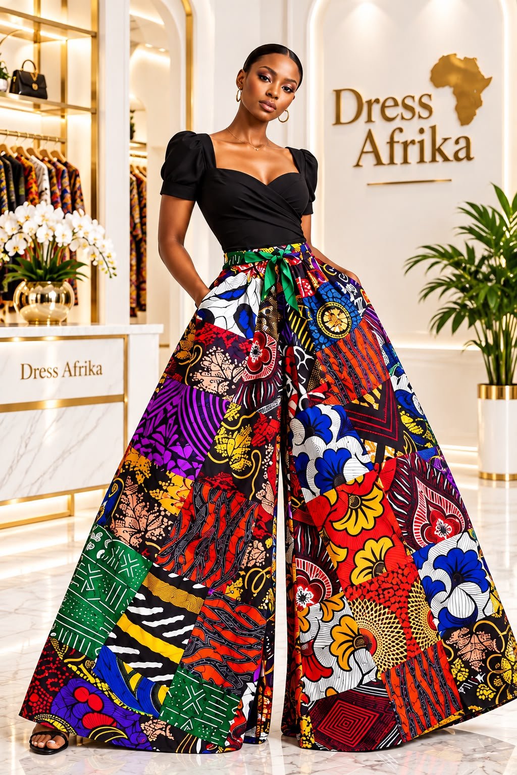 A Woman Wearing A Signature Ankara Multi-Pattern Patchwork Wide-Leg Trousers.