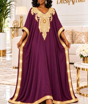A Woman Wearing An Empress Plum Purple Silk Boubou Kaftan & Gold Crystal Medallion Gown With Full Length 58 Inches.