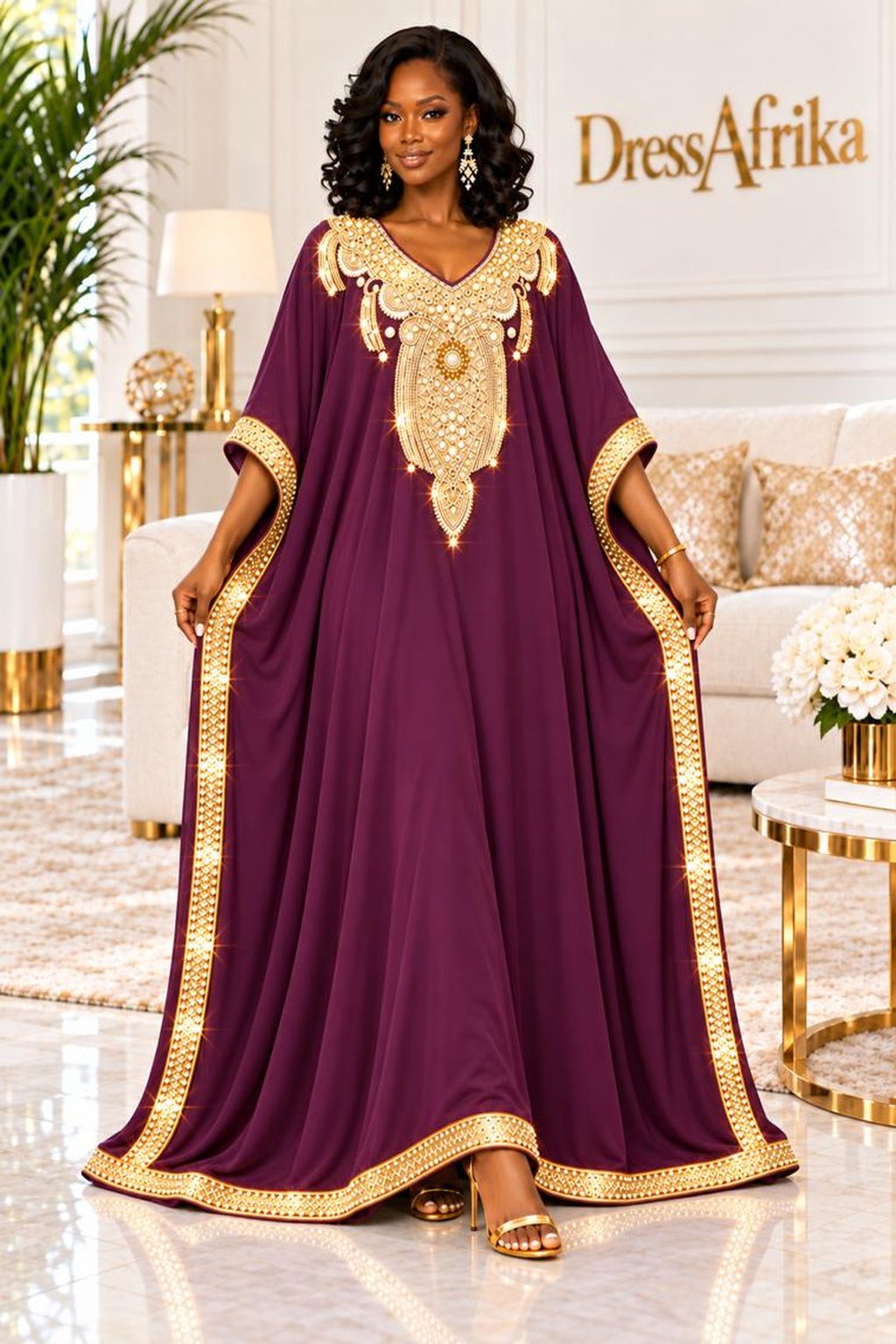 A Woman Wearing An Empress Plum Purple Silk Boubou Kaftan & Gold Crystal Medallion Gown With Full Length 58 Inches.
