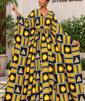 A Woman Wearing A Luxury Marigold Geometric Ankara Print Inner Tie Maxi Boubou Dress.