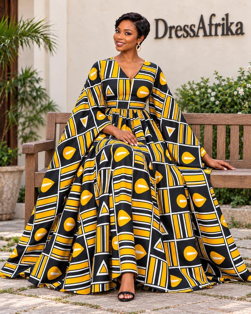 Luxury Marigold Geometric Ankara Print Inner Tie Maxi Boubou V-Neck Flowy Dress. 2 A Woman Wearing A Luxury Marigold Geometric Ankara Print Inner Tie Maxi Boubou Dress.